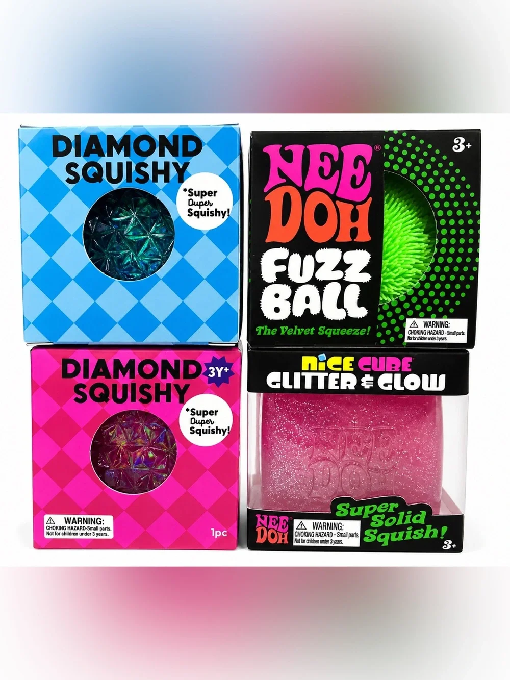 NeeDoh Sensory Toy Bundle 4 Pack Diamond Squishy Fuzz Ball Nice Cube Glow NEW